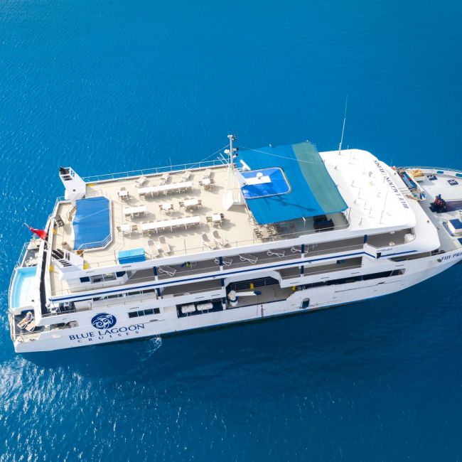 Blue Lagoon Cruise Ship Aerial View An overhead aerial photograph of the Blue Lagoon cruise ship anchored in crystal-clear turquoise waters, showcasing the vessel's expansive pool deck with blue sun loungers, multiple deck areas, and white superstructure against the vibrant Mediterranean blue sea.