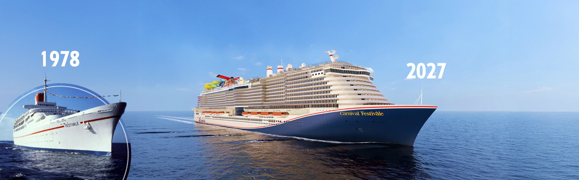 A comparison image showcasing the dramatic transformation of Carnival cruise ships from a smaller vessel in 1978 to a massive, modern cruise liner in 2027, highlighting technological and design advancements.