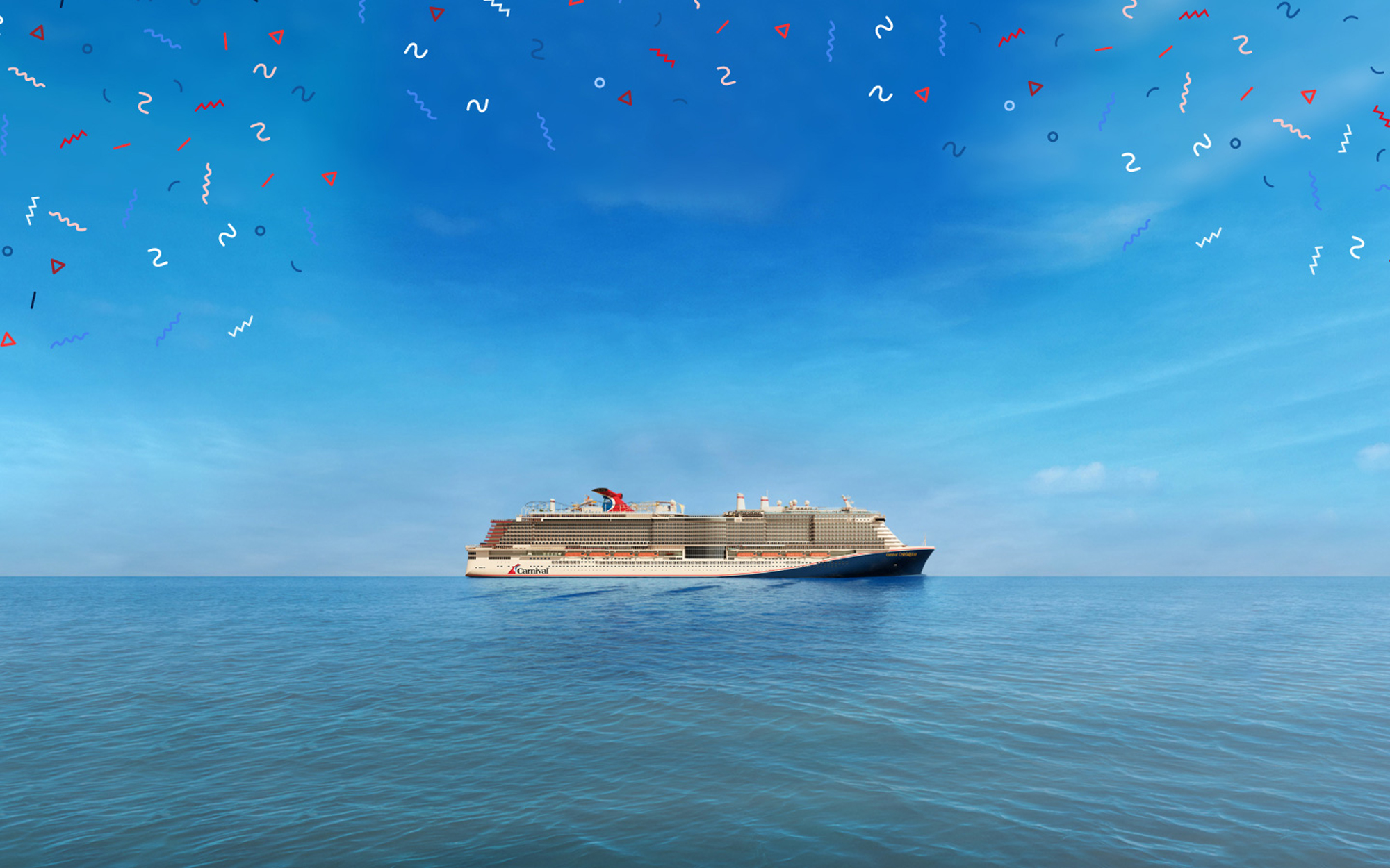 A large modern Carnival cruise ship sailing on calm, blue waters under a bright sky with festive confetti-like decorations overhead.
