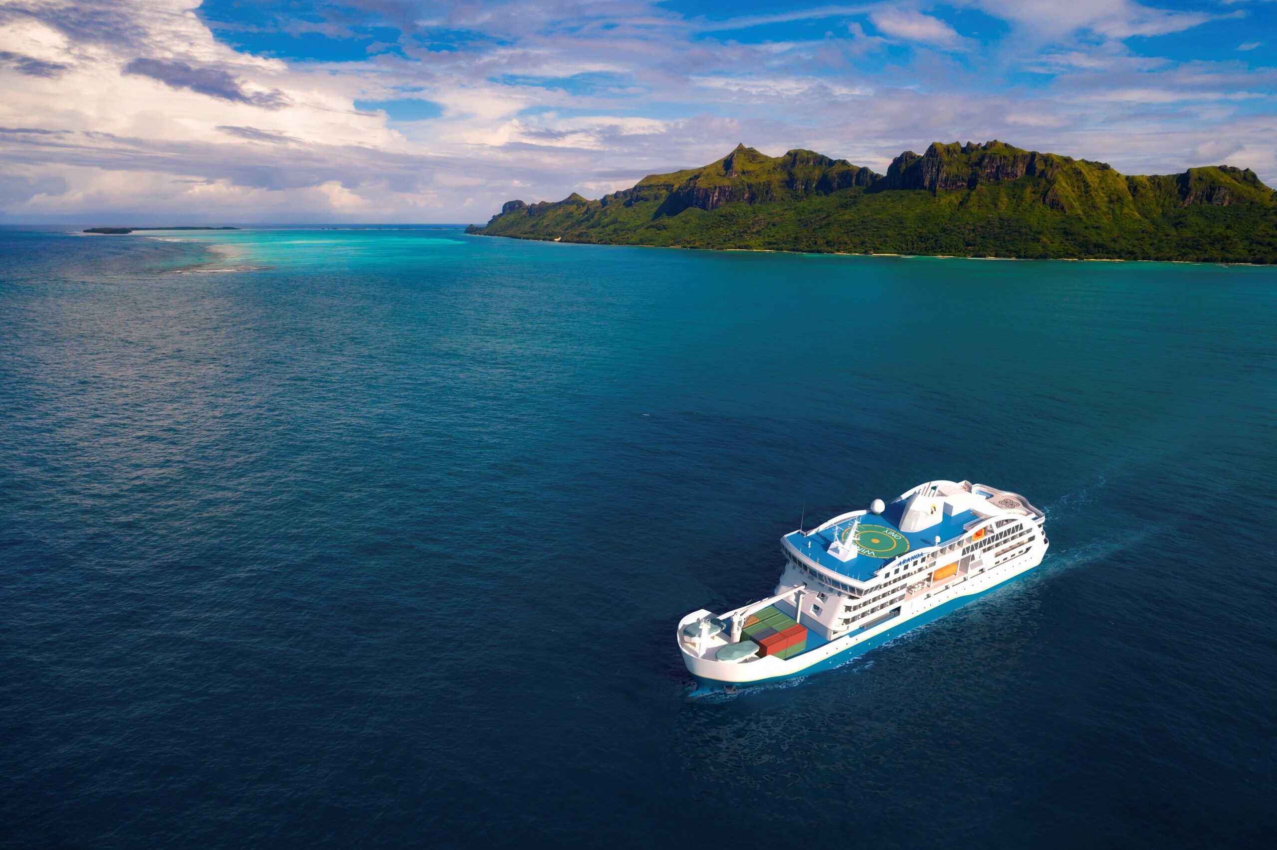 Cruise Ship Approaching Tropical Island A white cruise ship sailing near a lush, green mountainous island with dramatic coastal terrain. The turquoise and deep blue waters create a stunning contrast with the verdant landscape.