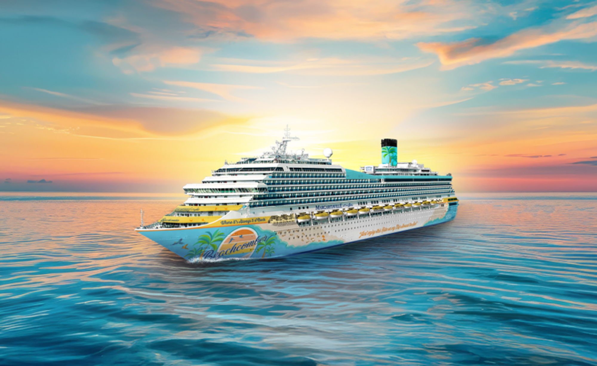 Cruise Ship at Golden Hour Sunset A large cruise ship sailing on calm turquoise waters during a stunning sunset with warm orange and yellow sky. The ship features tropical-themed graphics and appears to be part of a Caribbean cruise line.