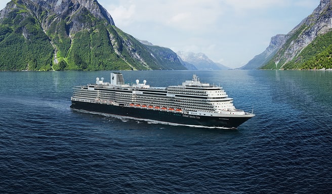 Cruise Ship in Scenic Fjord Landscape A large modern cruise ship sailing through a dramatic fjord with steep, green mountain slopes and calm blue waters. The scenic landscape showcases majestic rocky peaks and lush forest-covered mountainsides.
