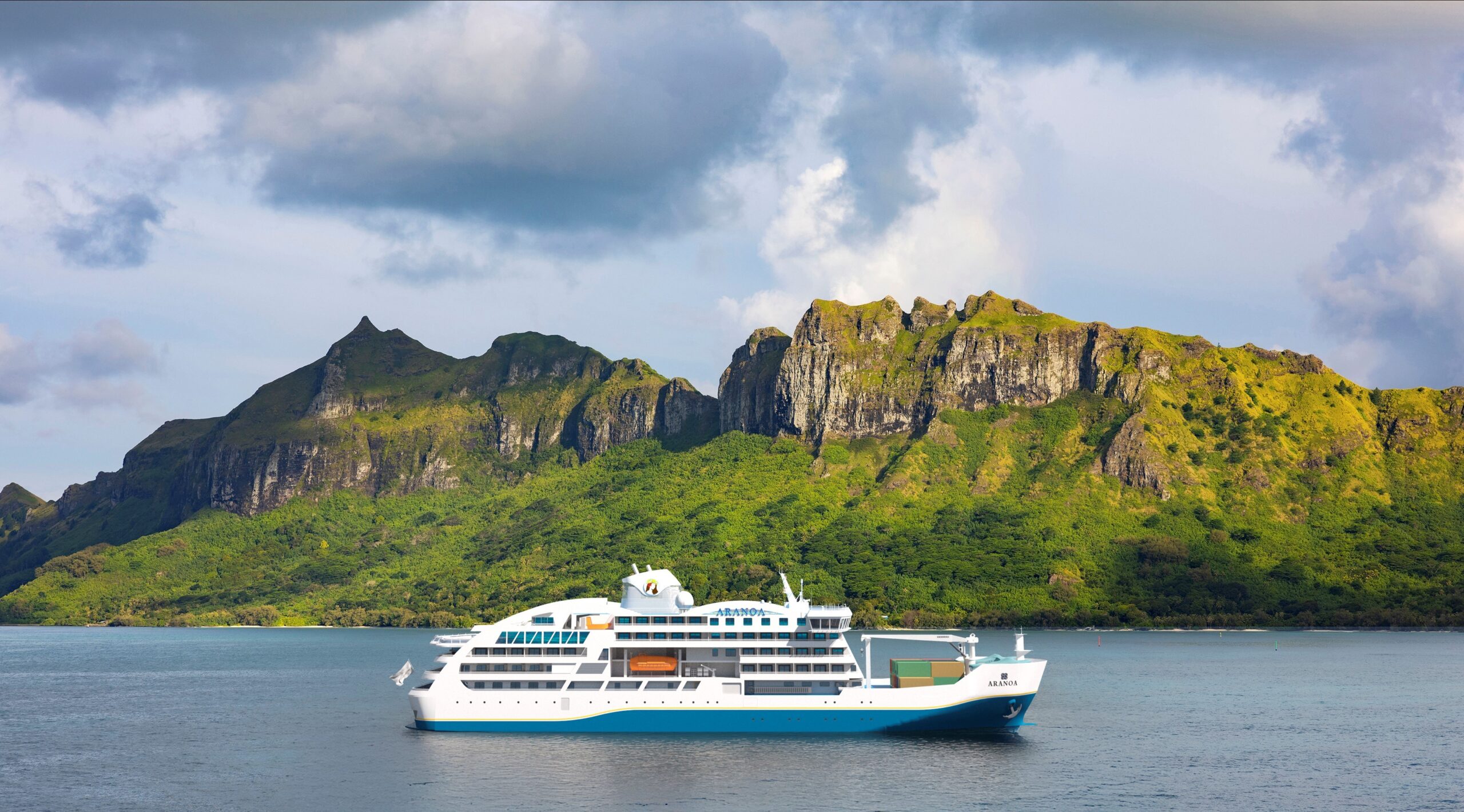 Cruise Ship in Tropical Island Landscape A white and blue cruise ship anchored in turquoise waters near a lush, mountainous tropical island with dramatic green and rocky terrain. The landscape features steep cliffs covered in verdant vegetation under a cloudy blue sky.