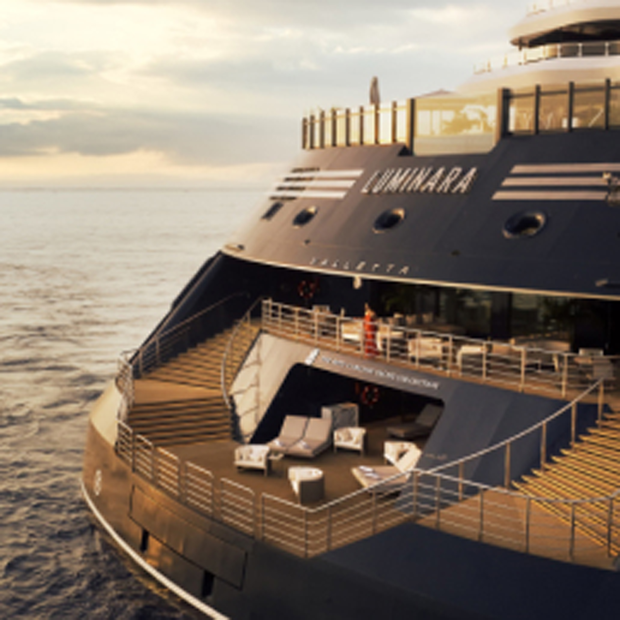 Luminara Luxury Yacht at Sea A sophisticated modern yacht with sleek design, featuring multiple wooden decks and lounging areas against a soft, muted seascape during golden hour light.