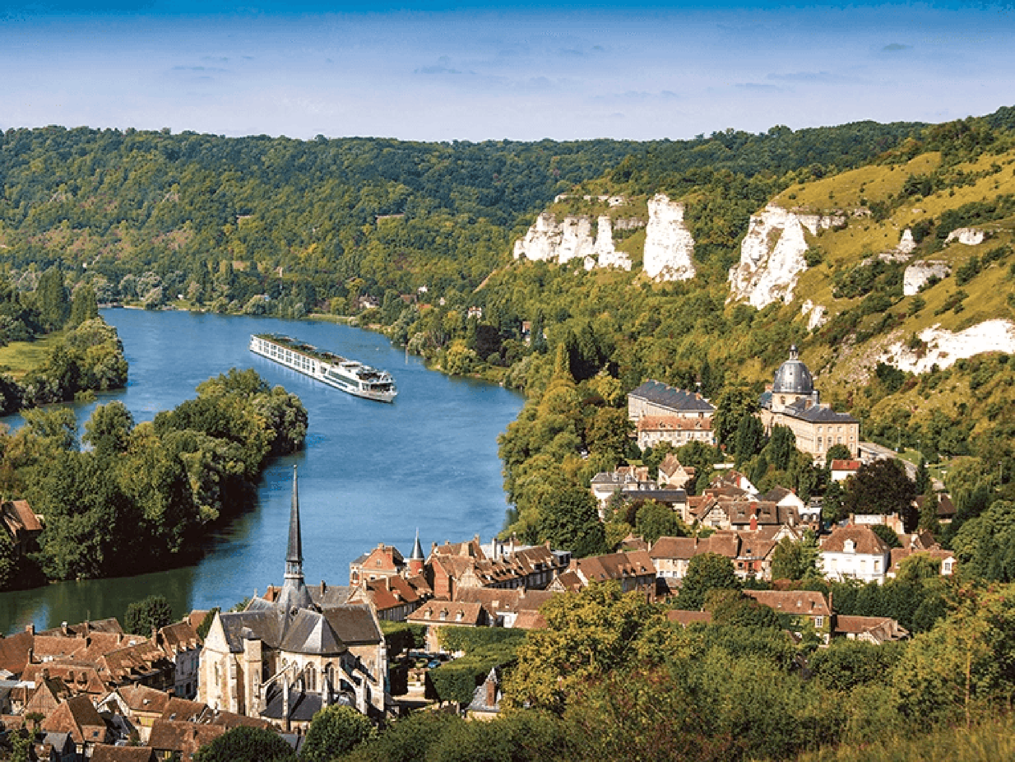 River Cruise Through European Riverside Village A white river cruise ship navigating through a picturesque European river valley, surrounded by lush forests, white limestone cliffs, and a charming historic village with traditional architecture.