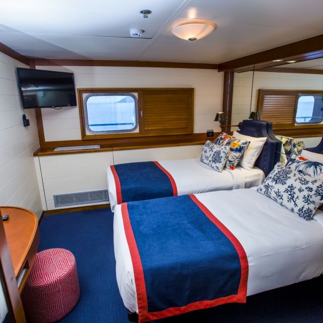 Spacious Cruise Ship Cabin with Twin Beds A well-appointed cruise ship stateroom featuring two twin beds dressed in white linens with contrasting blue and red accents, modern furnishings, flat-screen television, and multiple portholes offering ocean views. The cabin showcases contemporary nautical design with warm wood trim and comfortable accommodations typical of mid-to-premium cruise ship cabins.