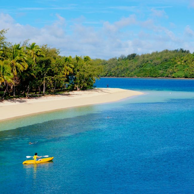 Tropical Island Beach with Kayaker A pristine tropical island beach featuring turquoise waters, white sand, and lush palm trees with a yellow kayaker in the foreground. The scene captures the serene paradise typical of Pacific island destinations popular with cruise itineraries.