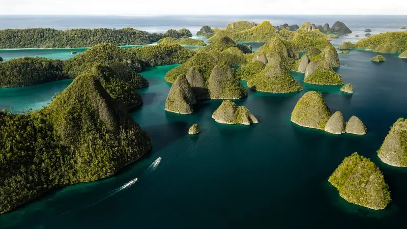Tropical Island Paradise Aerial View An breathtaking aerial view of lush, limestone karst islands covered in dense green vegetation surrounded by pristine turquoise and deep blue waters, with a small speedboat visible navigating through the scenic archipelago.