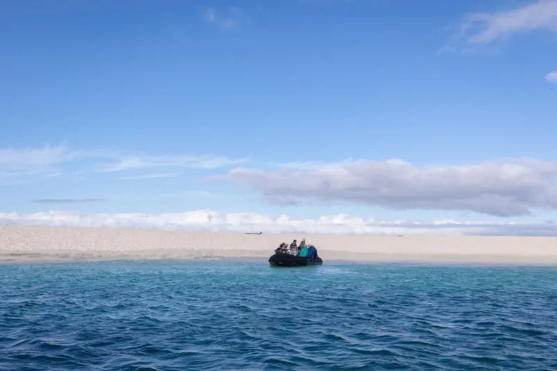 Zodiac Landing Craft in Arctic Waters A small Zodiac landing craft with passengers approaches across turquoise Arctic waters, with a snow-covered mountainous coastline visible in the background under a partly cloudy sky. This scene depicts typical polar expedition cruising activities where guests are transported to remote locations for exploration and wildlife viewing.