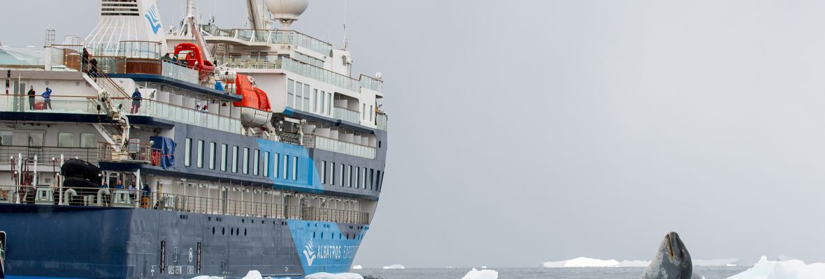 Expedition Cruise Ship in Arctic Ice Expedition cruise ship navigating through Arctic sea ice with dramatic polar landscape.