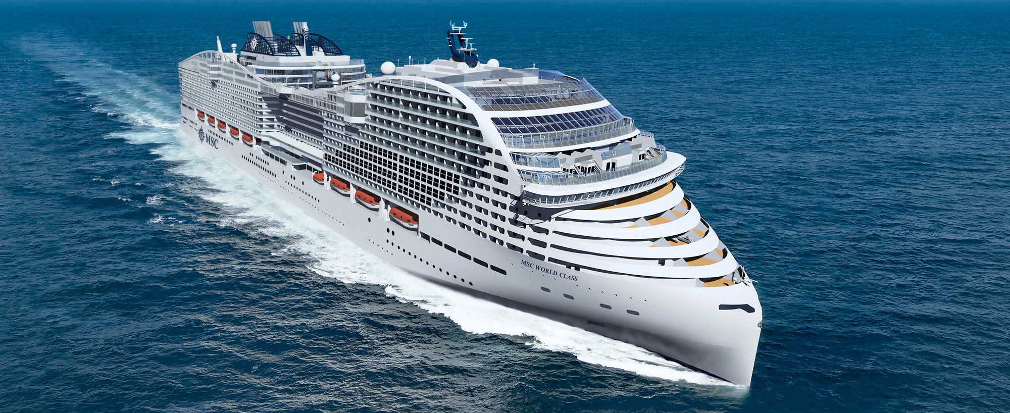 MSC World Class Cruise Ship at Sea A modern luxury cruise ship of the MSC World Class fleet sailing through deep blue ocean waters. The vessel features distinctive white hull with gold and black accent stripes, multiple deck levels with tiered balconies, solar panels on the top deck, and prominent red lifeboats along the side, showcasing contemporary cruise ship design and maritime engineering.