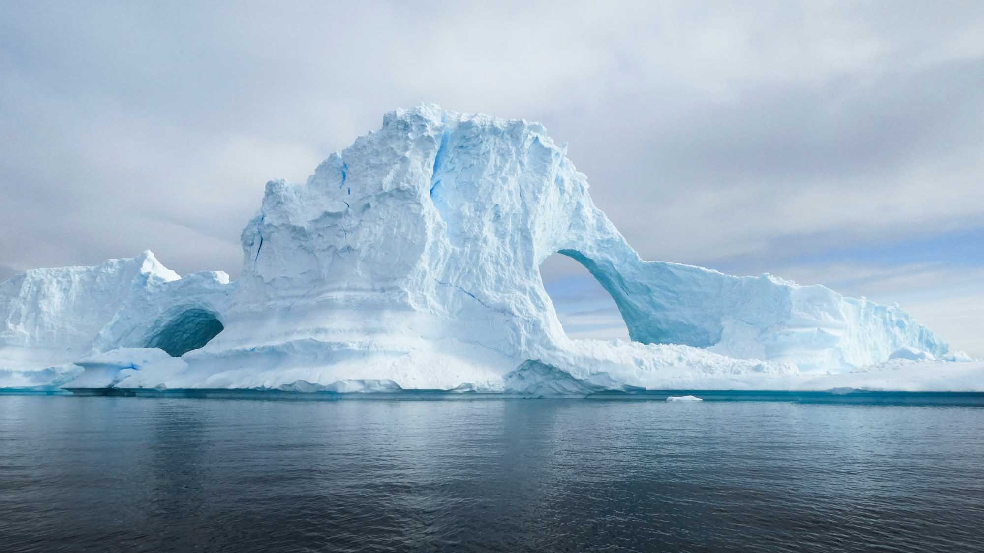 Massive Iceberg with Natural Arch Formation A spectacular tabular iceberg featuring a distinctive natural arch formation carved through its center, floating in calm turquoise waters. The massive ice structure displays brilliant white and blue hues characteristic of glacial ice, with its towering peak and sculpted caverns creating a striking polar landscape.