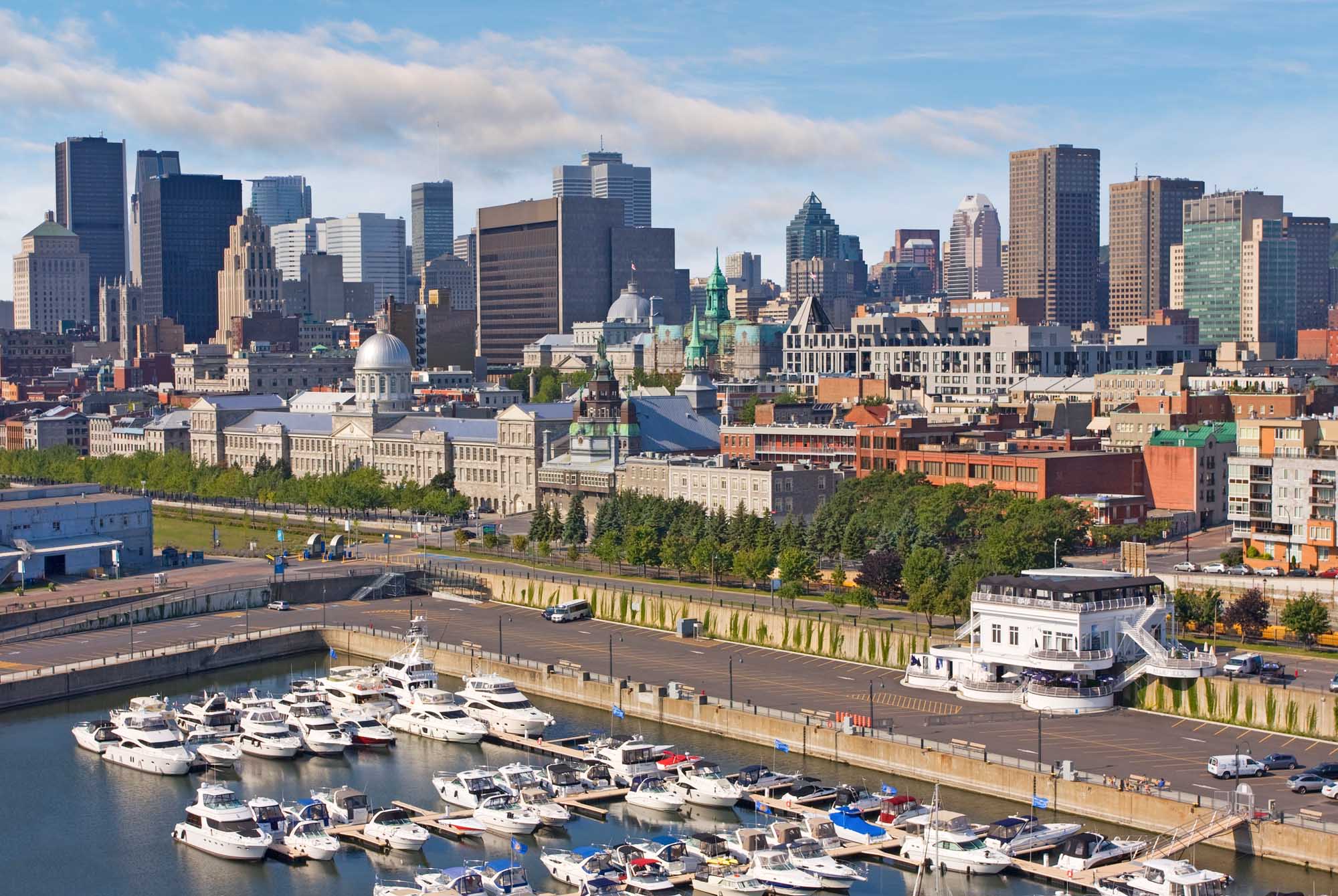 Montreal Skyline with Waterfront Marina An aerial view of Montreal's downtown skyline featuring iconic skyscrapers and historic architecture, with a recreational marina filled with white yachts and boats in the foreground along the St. Lawrence River waterfront.