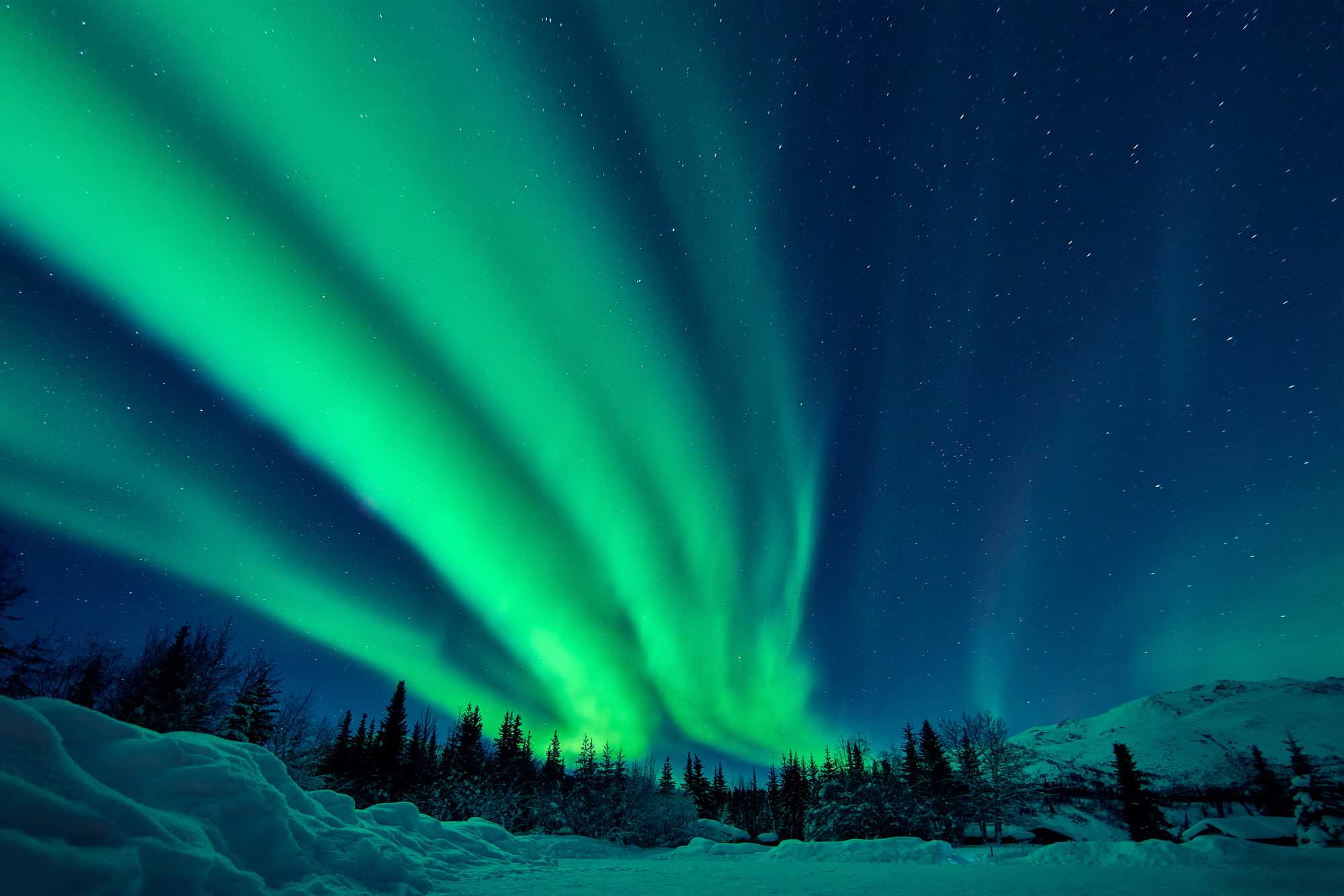 A stunning display of green aurora borealis dancing across the midnight sky above a snow-covered Arctic landscape with evergreen forests and mountains. The vibrant natural light phenomenon creates dramatic rays illuminating the starry night sky.