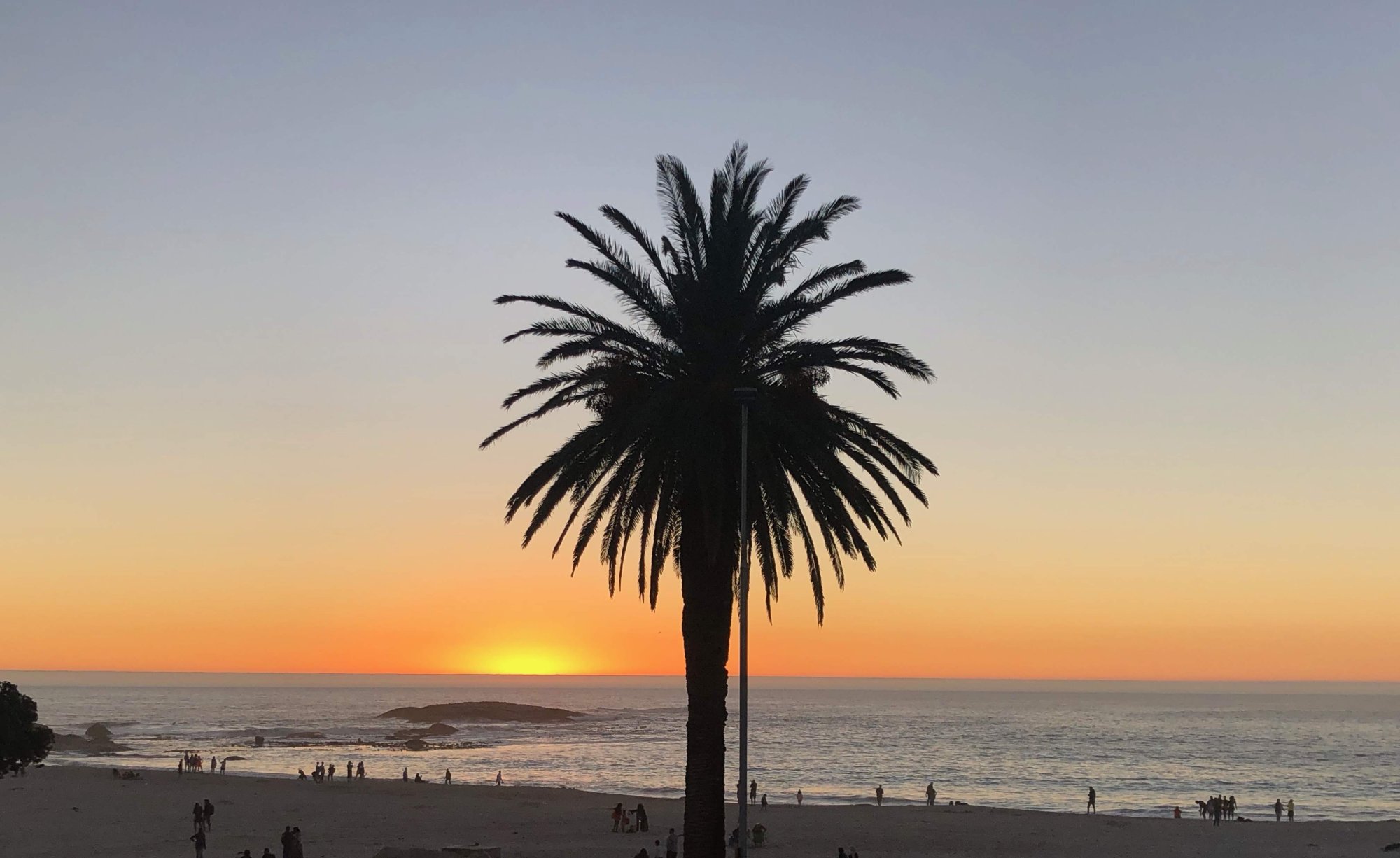 A striking silhouette of a tall palm tree frames a golden sunset over the ocean, with a sandy beach and scattered beachgoers in the foreground. The warm orange and yellow tones of the setting sun reflect off the calm waters, creating an idyllic tropical or Mediterranean coastal scene.