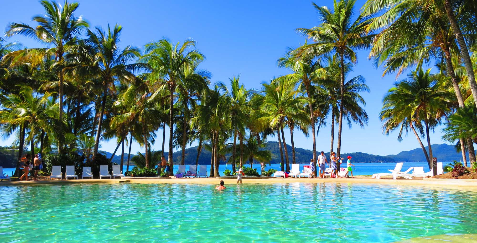 Tropical Beach Paradise with Palm Trees A stunning tropical beach scene featuring crystal-clear turquoise waters, pristine white sand, and numerous swaying palm trees. Visitors relax on lounge chairs while others enjoy swimming in the idyllic lagoon, with forested mountains visible across the water under a clear blue sky.