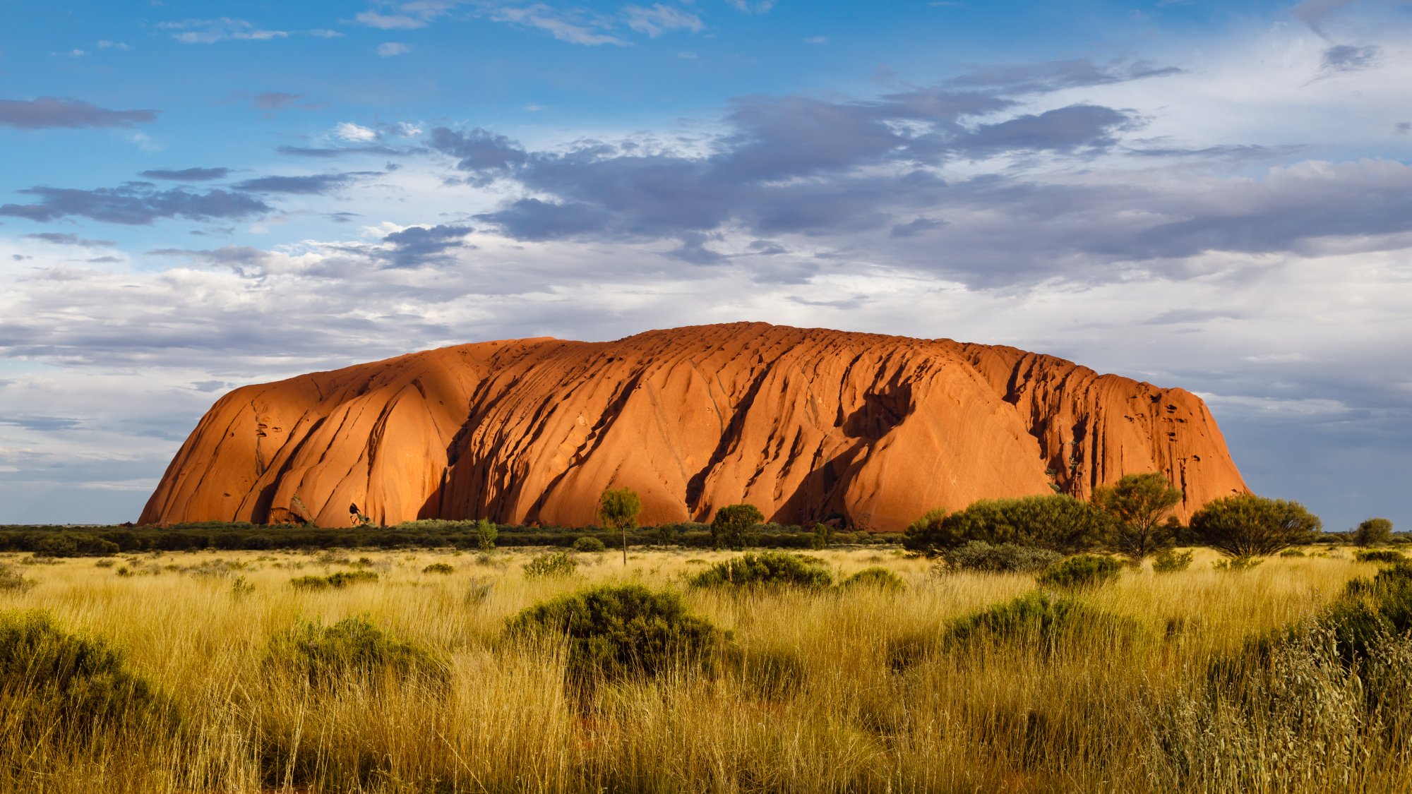 Uluru at Sunset in Australian Outback A striking view of Uluru (Ayers Rock), the iconic massive sandstone monolith in central Australia's Red Centre, illuminated in warm orange tones against a dramatic cloudy sky. The ancient rock formation rises majestically from the golden grassland dotted with sparse vegetation, showcasing the raw natural beauty of Australia's interior desert landscape.