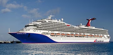 Carnival Glory Cruise Ship at Sea A large modern cruise ship with distinctive white superstructure and blue hull, photographed